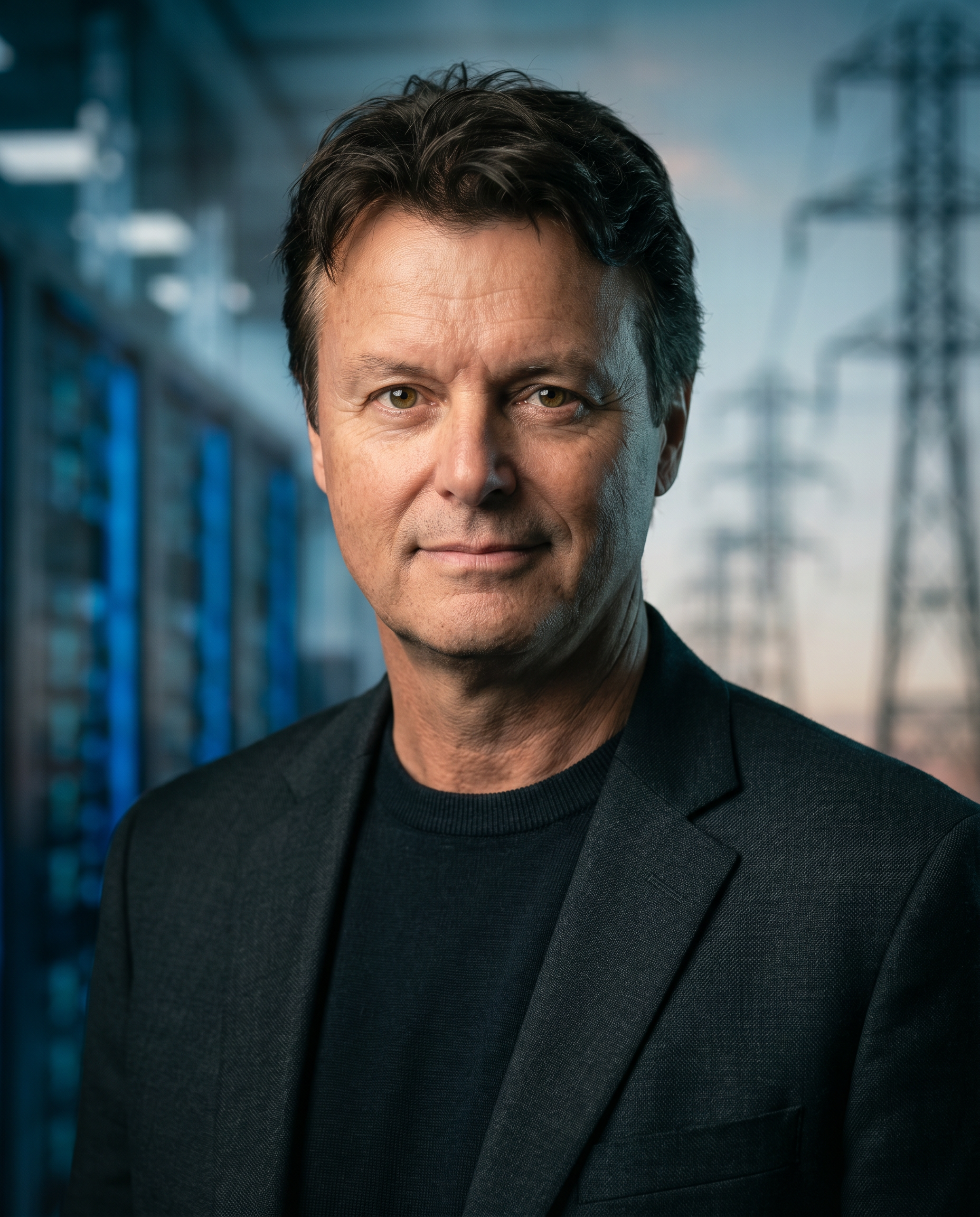 Nick VandenBrekel photographed against a backdrop of high-voltage transmission infrastructure